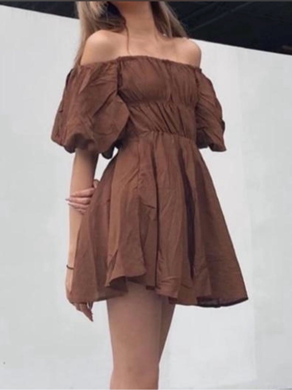 Princess Polly Off-Shoulder Brown Puff-Sleeve Mini Dress
